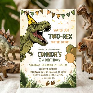 2nd Birthday Invitation, Two Rex Dinosaur Party, Printable 5x7 Invite, DIY Editable Template Canva, S1