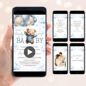 Invitation animée modifiable We Can Bearly Wait, baby shower, invitation vidéo, modèle d'invitation garçon nounours avec ballons bleus, Canva, BS52