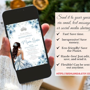 Quinceañera Invitation Light Blue Floral Silver Crown, Spanish & English, Printable 5x7 Invite, DIY Editable Template Canva, A1 image 7