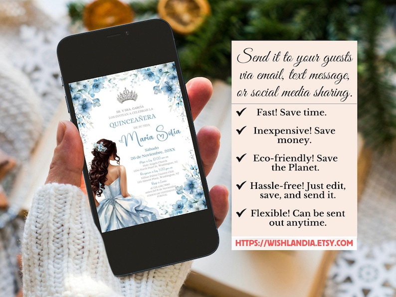 Quinceañera Invitation Light Blue Floral Silver Crown, Spanish & English, Printable 5x7 Invite, DIY Editable Template Canva, A1 image 7