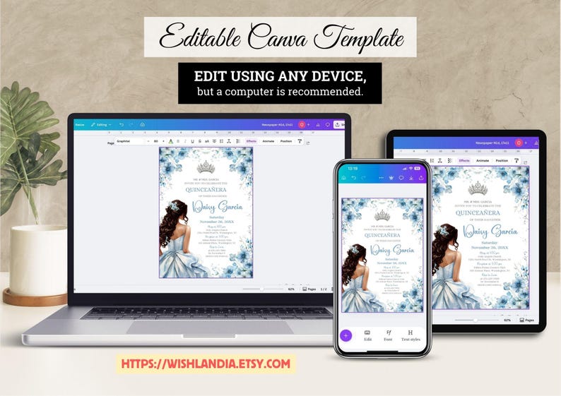 Quinceañera Invitation Light Blue Floral Silver Crown, Spanish & English, Printable 5x7 Invite, DIY Editable Template Canva, A1 image 9
