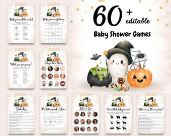May include: A collection of 60 editable baby shower game cards featuring a Halloween theme with a ghost, pumpkin, and cauldron. The cards include titles like Baby Around the World, Baby Shower Gift Bingo, What's in Your Purse, and Dad Jokes.