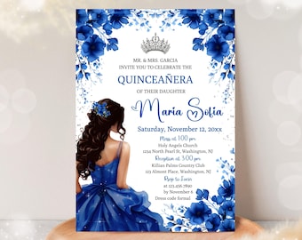 Quinceañera Invitation Royal Blue Flowers And Silver Crown, Mis Quince Años Printable 5x7 Invites, DIY Editable Template Canva, A11