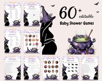 May include: A collection of 60+ editable baby shower games with a witch theme. The design features a silhouette of a pregnant woman wearing a witch hat, cauldrons, pumpkins, and bats. The games include bingo, trivia, and advice cards.