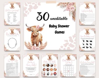 Op de afbeelding: Een verzameling van 30 onbewerkbare babyshower spellen met een rustiek thema. Het centrale ontwerp toont een aquarel illustratie van een Schotse Hooglandkoe met bloemaccenten. De spellen bevatten verschillende activiteiten en zijn ontworpen met een zacht, neutraal kleurenpalet.