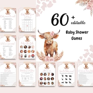Editable Baby Shower Game Bundle Highland Cow Girl, 60+ Funny Games Printable, Holy Cow Baby Shower Activity, Digital Template Canva, BS45