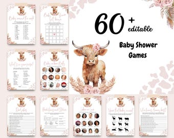 Editable Baby Shower Game Bundle Highland Cow Girl, 60+ Funny Games Printable, Holy Cow Baby Shower Activity, Digital Template Canva, BS45