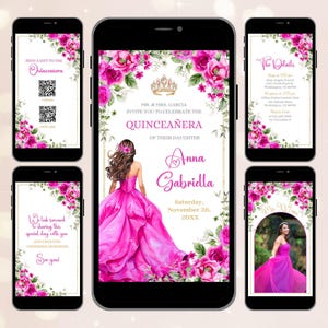 Könnte beinhalten: Digitale Quinceañera-Einladung, angezeigt auf mehreren Smartphones. Die Haupteinladung zeigt eine junge Frau in einem rosa Kleid, umgeben von Blumenarrangements. Zusätzliche Bildschirme zeigen Eventdetails und einen QR-Code zum Schenken.
