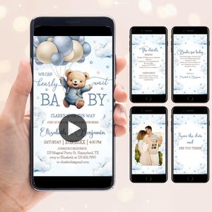 Może przedstawiać: Smartfon wyświetla zaproszenie na baby shower z misiem trzymającym balony. Zaproszenie zawiera tekst "We can bearly wait BABY" oraz szczegóły wydarzenia, w tym imiona Elizabeth i Benjamin.