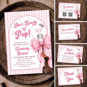 Puede incluir: Invitación a baby shower a rayas rosas y blancas con el texto "She's Ready to Pop!" y detalles para la fiesta de Kimberly Bennett. Incluye registro de regalos a juego, rifa de pañales, libros para bebés y tarjetas de agradecimiento.
