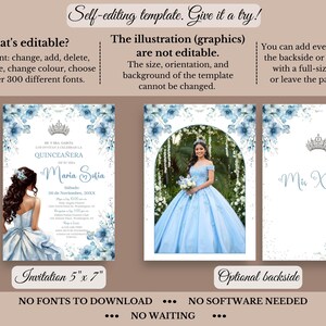 Quinceañera Invitation Light Blue Floral Silver Crown, Spanish & English, Printable 5x7 Invite, DIY Editable Template Canva, A1 image 4