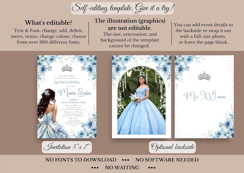 Quinceañera Invitation Light Blue Floral Silver Crown, Spanish & English, Printable 5x7 Invite, DIY Editable Template Canva, A1 image 4