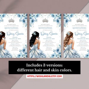 Quinceañera Invitation Light Blue Floral Silver Crown, Spanish & English, Printable 5x7 Invite, DIY Editable Template Canva, A1 image 3