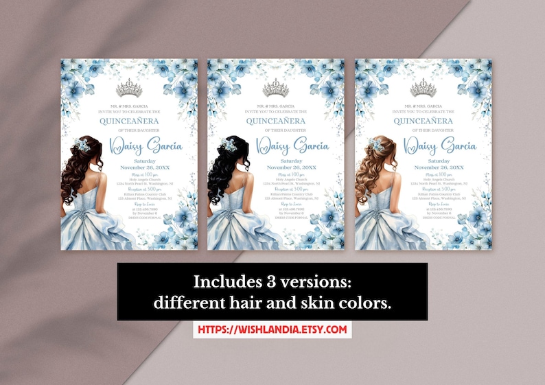 Quinceañera Invitation Light Blue Floral Silver Crown, Spanish & English, Printable 5x7 Invite, DIY Editable Template Canva, A1 image 3