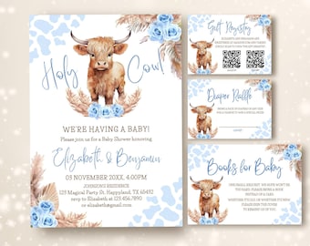 Paquete de invitaciones editables para baby shower con vaca azul de las Tierras Altas, paquete de juego Holy Cow, juegos de rifa de pañales, plantilla de invitación imprimible de Canva, BS45