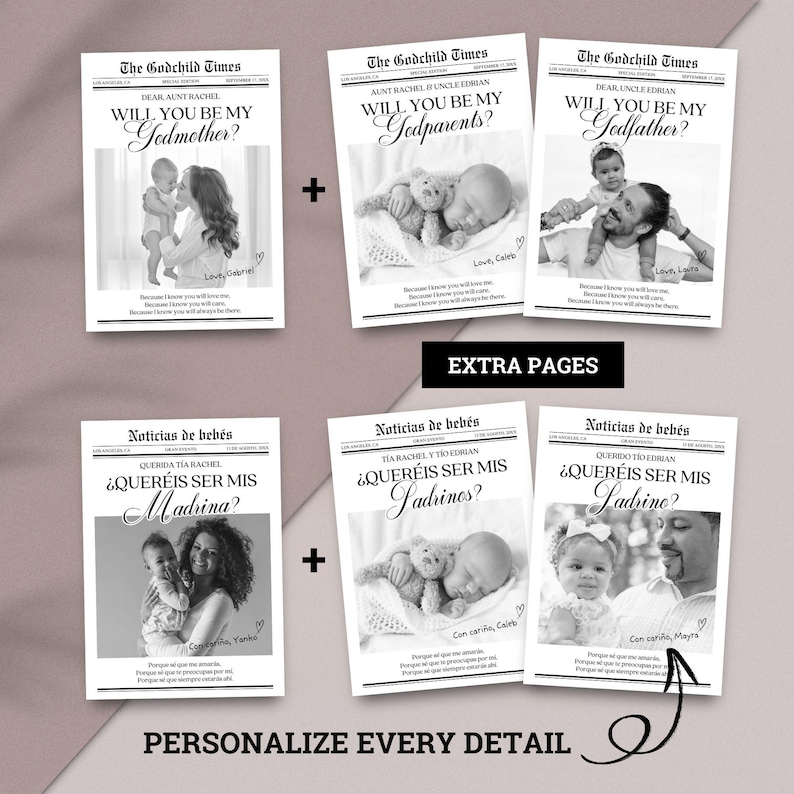 Madrina Proposal Newspaper Style, Spanish & English, Printable 5x7 Card