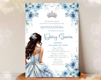 Quinceañera Invitation Light Blue Floral Silver Crown, Spanish & English, Printable 5x7 Invite, DIY Editable Template Canva, A1