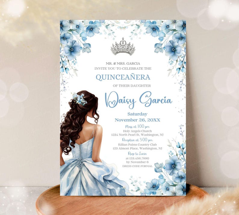 Quinceañera Invitation Light Blue Floral Silver Crown, Spanish & English, Printable 5x7 Invite, DIY Editable Template Canva, A1 image 1