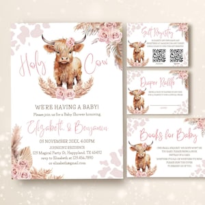 Lot d'invitations modifiables, baby shower fille, vache Highland, lot de vache sacrée, jeux de tombola de couches, modèle d'invitation imprimable sur toile, BS45