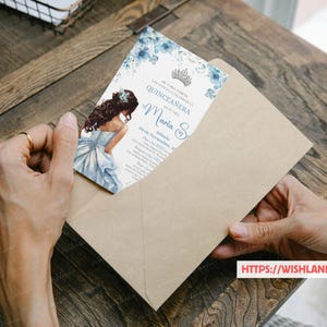 Quinceañera Invitation Light Blue Floral Silver Crown, Spanish & English, Printable 5x7 Invite, DIY Editable Template Canva, A1 image 11