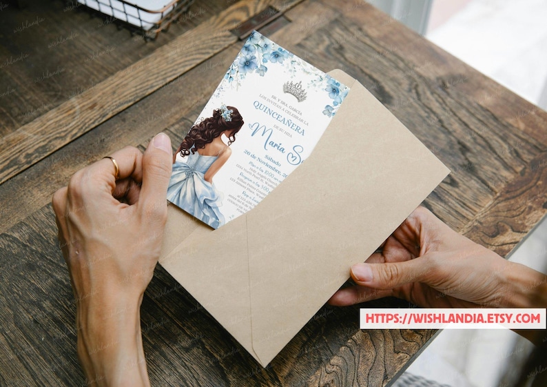 Quinceañera Invitation Light Blue Floral Silver Crown, Spanish & English, Printable 5x7 Invite, DIY Editable Template Canva, A1 image 11