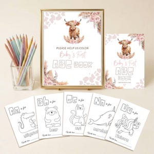 May include: A collection of baby-themed ABC coloring books and a framed sign. The sign and book covers feature a watercolor illustration of a Highland cow and floral accents. The ABC books have animal illustrations.