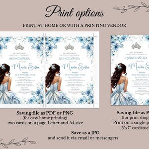 Quinceañera Invitation Light Blue Floral Silver Crown, Spanish & English, Printable 5x7 Invite, DIY Editable Template Canva, A1 image 5