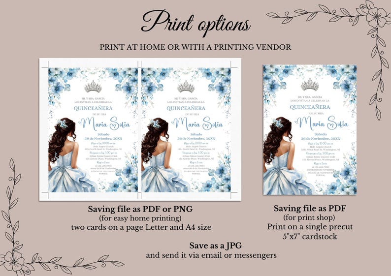 Quinceañera Invitation Light Blue Floral Silver Crown, Spanish & English, Printable 5x7 Invite, DIY Editable Template Canva, A1 image 5