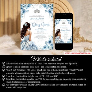 Quinceañera Invitation Light Blue Floral Silver Crown, Spanish & English, Printable 5x7 Invite, DIY Editable Template Canva, A1 image 6