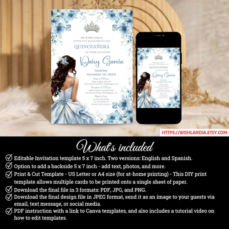 Quinceañera Invitation Light Blue Floral Silver Crown, Spanish & English, Printable 5x7 Invite, DIY Editable Template Canva, A1 image 6
