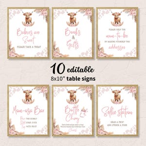 Editable Table Sign Baby Shower Girl, Highland Cow With Pink Roses Decor, Printable Sign 8x10, Photo Guestbook, Digital Template Canva, BS45