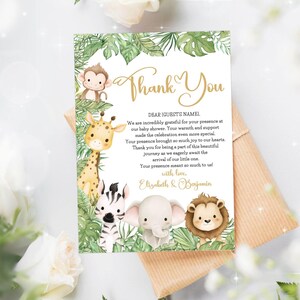 Cartão de agradecimento editável para chá de bebê ou revelação de gênero de animais de safári, cartão imprimível neutro em relação ao gênero, modelo digital com tema de selva Canva, BS47