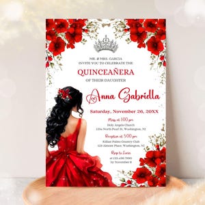 Editable Quinceañera Invitation, Red Dress Flowers and Silver Tiara, Printable 5x7 Invites, Digital Template Canva, Mis Quince Años, A12