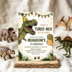 Three Rex Birthday Boy Invitation, Dinosaur Printable 5x7 Invite, 3rd Birthday Party, DIY Editable Template Canva, S1