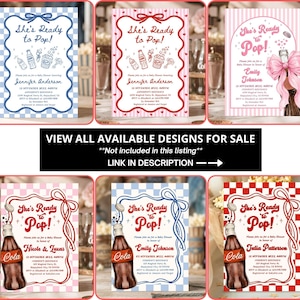Puede incluir: Una colecci&oacute;n de invitaciones para baby shower con varios dise&ntilde;os. Cada invitaci&oacute;n presenta la frase "She's Ready to Pop!" e incluye elementos decorativos como lazos, palomitas de ma&iacute;z y botellas de refresco. Las invitaciones est&aacute;n en diferentes combinaciones de colores.