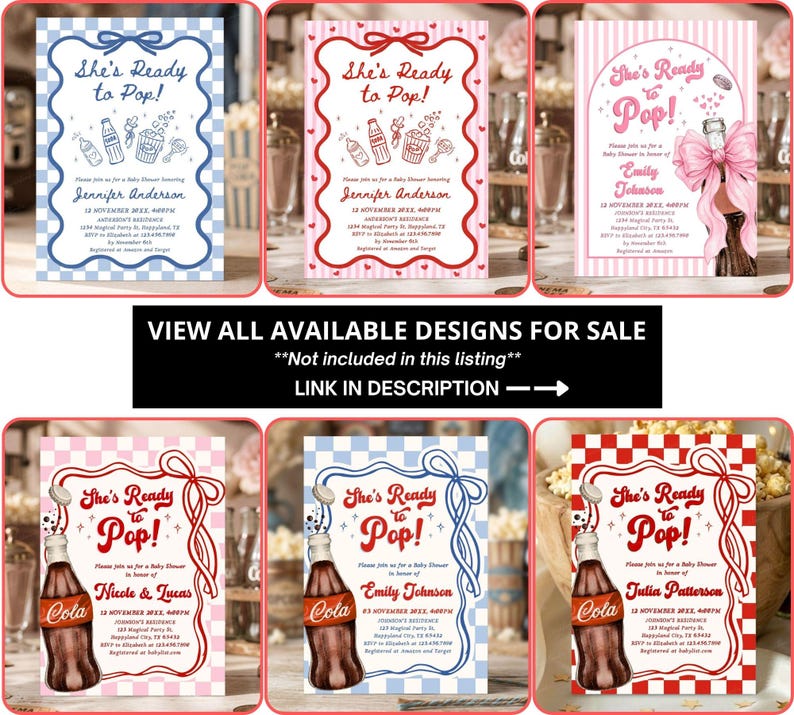 Puede incluir: Una colecci&oacute;n de invitaciones para baby shower con varios dise&ntilde;os. Cada invitaci&oacute;n presenta la frase "She's Ready to Pop!" e incluye elementos decorativos como lazos, palomitas de ma&iacute;z y botellas de refresco. Las invitaciones est&aacute;n en diferentes combinaciones de colores.