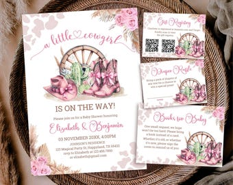 Paquete de invitaciones para baby shower con temática de vaquera, plantilla editable para hacer tú mismo en Canva, BS61