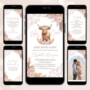 May include: A digital invitation for a baby shower, displayed on multiple smartphones. The central phone features the text "Holy Cow! We're having a baby!" with a watercolor illustration of a Highland cow. The invitation includes details for Elizabeth & Benjamin's baby shower.