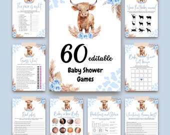 Editable Blue Baby Shower Game Bundle Highland Cow, 60+ Funny Games Printable, Holy Cow Baby Shower Activity, Digital Template Canva, BS45