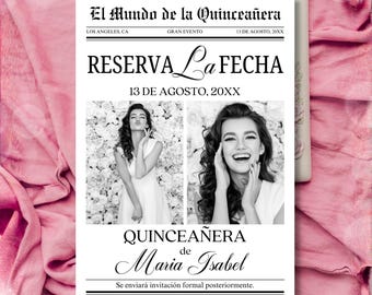 Editable Save The Date Quinceañera Newspaper, Spanish & English, Printable 5x7 Invite, Mis Quince Años Party Announcement, Template Canva,N1