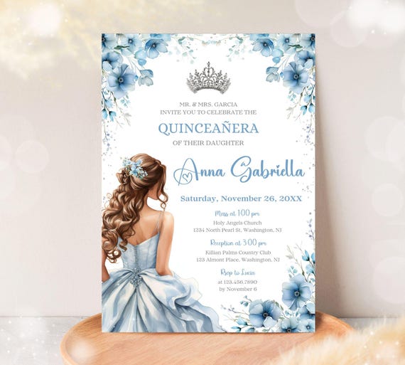 Editable Quinceañera Invitation, Light Baby Blue Floral Silver Glitter, Printable 5x7 Invites Template Canva, Mis Quince Años, A1