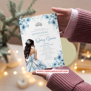 Quinceañera Invitation Light Blue Floral Silver Crown, Spanish & English, Printable 5x7 Invite, DIY Editable Template Canva, A1 image 12