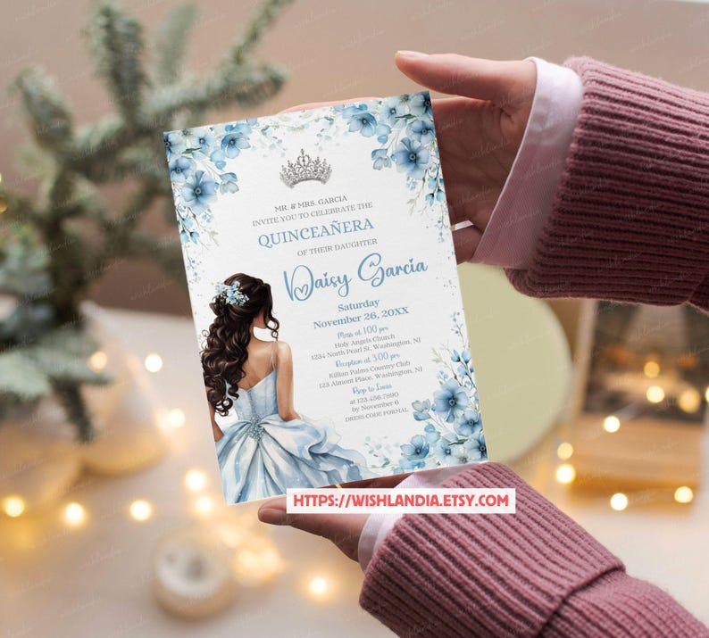Quinceañera Invitation Light Blue Floral Silver Crown, Spanish & English, Printable 5x7 Invite, DIY Editable Template Canva, A1 image 12