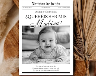 Madrina Proposal Newspaper Style, Spanish & English, Printable 5x7 Card, Will You Be My Padrinos Padrino, DIY Editable Template Canva, B1