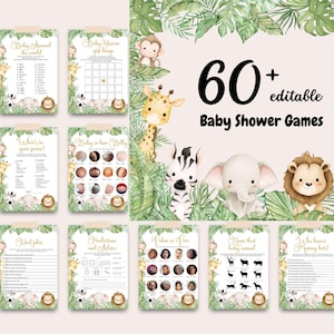 May include: A set of baby shower games featuring jungle animal illustrations. Games include bingo, trivia, and prediction cards. The text reads "60+ editable Baby Shower Games."