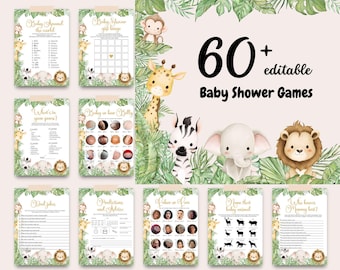 May include: A collection of baby shower games with jungle animal illustrations. The games include bingo, trivia, and prediction cards. The text reads "60+ editable Baby Shower Games."