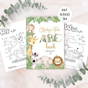 Livre de coloriage ABC modifiable, fête de naissance des animaux de safari ou activité de révélation du sexe, premier livre ABC de bébé personnalisé, alphabet imprimable, BS47