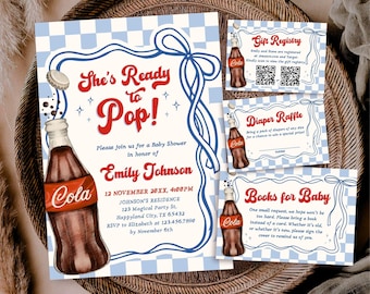 Paquete de invitaciones "She's Ready To Pop" para baby shower, invitación imprimible con temática de refresco, plantilla digital editable de Canva, BS59