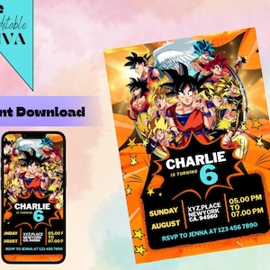 Editable Dragon Ball Birthday Invitation Template | Kids Love Template, Boys Invite, Printable Editable in Canva | Instant Download