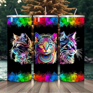 Colorful Cat Tumbler Wrap PNG | 20oz Sublimation Design | Rainbow Cat Art | Digital Download for Cat Lovers | Psychedelic Animal Tumbler PNG